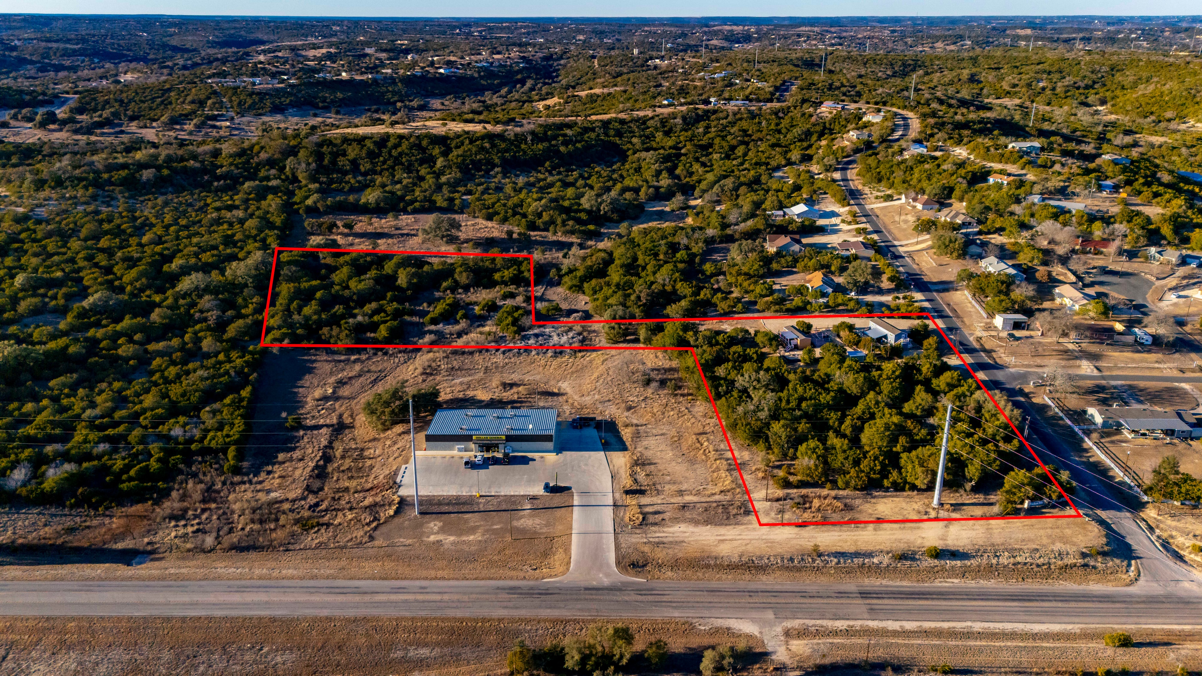 Aerial view of The Madrona Collection property showing 6.98 acres along Highway 16